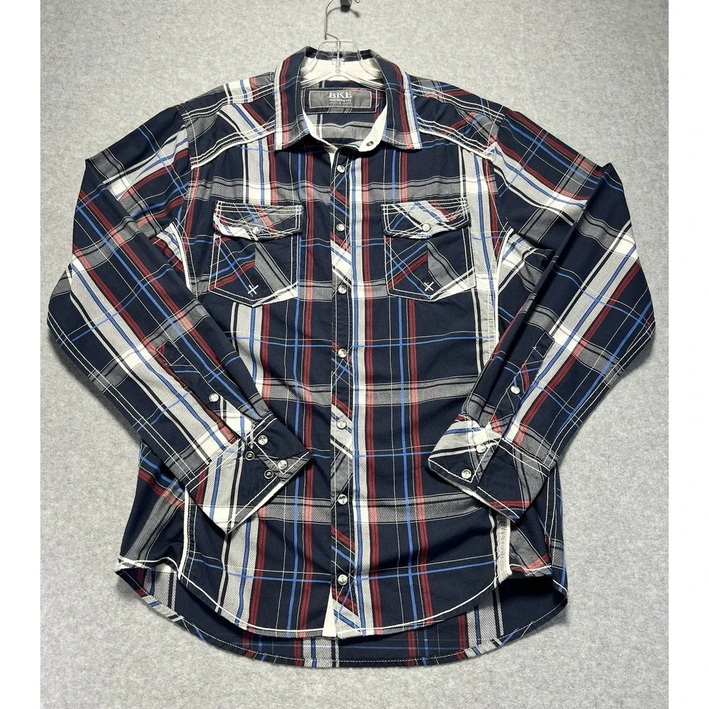 Buckle Men's  Pearl Snap Shirt Long Sleeve, Tailored Fit Sz L/M Western Plaid‎